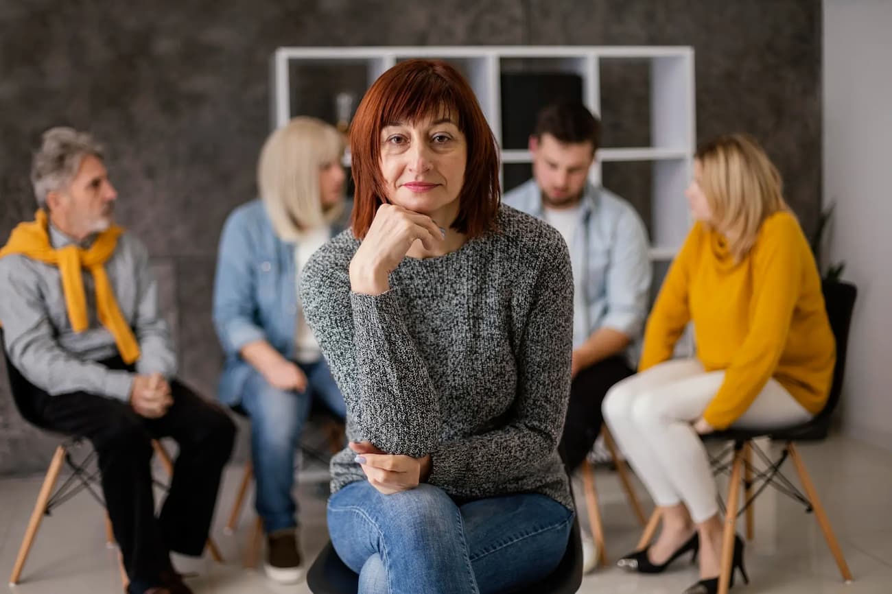 Woman thinking about her mental health treatment while in group therapy